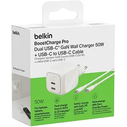 Мережевий зарядний пристрій Belkin Boost Up Charge Pro Dual USB-C GaN 50W White + Cable USB-C - USB-C (WCH019KQ1MWH-B6) [158913] - мініатюра 6