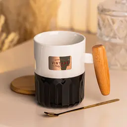 Чашка порцелянова 400 мл Vintage з бамбуковою кришкою та ложкою, чорний з білим Happy Life HP7204B - мініатюра 15