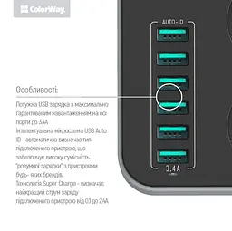 Мережевий фільтр-подовжувач ColorWay CHE-36B 17W, 3 розетки, 6xUSB, 1.8 м - мініатюра 3