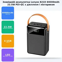 Power Bank 80000mAh зі наскрізною зарядкою портативна батарея для смартфона планшета роутера USB зовнішній акумулятор повербанк із швидкою зарядкою 22.5W ліхтариком та дисплеєм LENYES 821D PD+QC - мініатюра 2