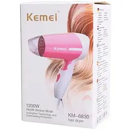 Фен для сушіння волосся Kemei KM-6830 дорожній складна ручка іонізація білий/рожевий 1300 Вт - мініатюра 2
