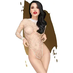Боді Penthouse Scandalous S/L White, велика сітка, високий комір, довгі рукави