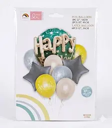 Набір надувних фольгованих кульок Happy Birthday з сірими зірками яскраві декоративні для свят 6 шт Різні кольори - мініатюра 2