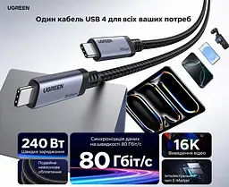 Кабель UGREEN L706 USB-C - USB-C USB4 80 Гбіт/с PD 240 Вт 1 м космічний сірий (65383) - мініатюра 2