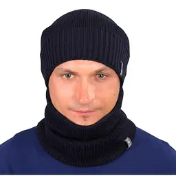 Комплект чоловіча в'язана шапка + хомут-баф-снуд на флісі теплий зимовий набір 56-60 см  Темно синій
