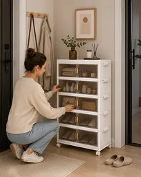 Пластикова шафка для зберігання 5 ярусів 50×25×115 см / Пластиковий органайзер-комод на колесах з прозорими дверцятами - мініатюра 4