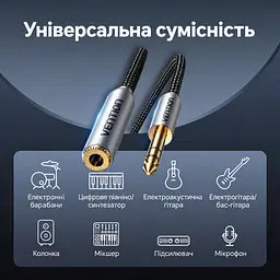 Аудіокабель-подовжувач Vention 2 м Jack 6,35 мм TRS штекер на гніздо для подовження кабелю навушників із відповідним штекером з екрануванням фольгою та металевим обплетенням у бавовняному обплетенні з позолоченими роз’ємами сірий (BCXHH) - мініатюра 10