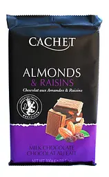 Шоколад молочний Cachet Almonds& Raisins мигдаль та родзинки 300г.
