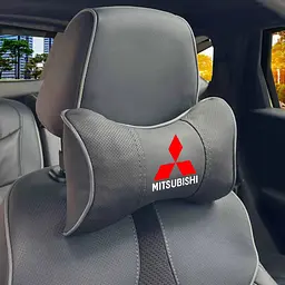Подушка на підголівник з логотипом Mitsubishi Екошкіра 3D Кольоровий лого Чорна-Сірий кант 1 шт