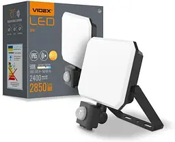 Прожектор LED, Videx F3, чорний, 30 Вт, 2850 Лм, 5000K, 180-265V, IP65/IK07, з датчиком руху (VLE-F3-0305B-S)