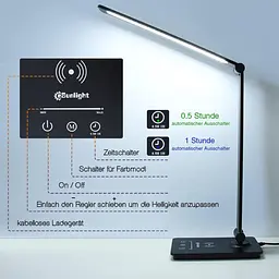 Настільна LED-лампа з бездротовою зарядкою, USB та регулюванням яскравості - мініатюра 4