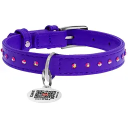 Нашийник для собак Waudog Glamour, шкіряний, зі стразами, з QR паспортом, S, 21-29х1,2 см, фіолетовий