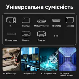 Патч-корд Ethernet 8-ї категорії SFTP Vention 1 м LAN-кабель 2 штекери RJ45 8P8C Швидкість передавання 40 Гбіт/с і смуга пропускання 2000 МГц Сумісний із мережевими пристроями Cat 7/6a/6/5/5e за наявності відповідних портів Екранування алюмінієвою фольгою та металевою опліткою Чорний (IKABF) - мініатюра 12