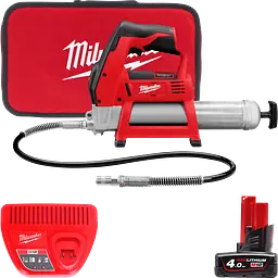 Шприц для змащування акумуляторний MILWAUKEE, M12 GG-401B (зарядний пристрій, 1 акумулятор М12 В4 4А·год, алюмінієва туба, сумка)