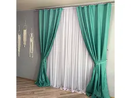 Легкі лляні штори бірюзового кольору 2шт. 150х270 з білим шифоновим тюлем 400х270, на тасьмі ALBO pbe0052629 - мініатюра 3