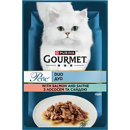 Упаковка вологого корму для котів Gourmet Perle Duo з лососем та сайдою у підливці 2.21 кг (85 г х 26 шт.) - мініатюра 2
