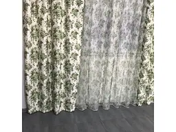 Атласні штори із зеленими квітами 150х270 з батистовим тюлем 400х270 на тасьмі ALBO pbe0052704 - мініатюра 5