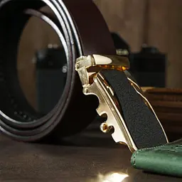 Ремінь чоловічий із золотистою пряжкою автомат 20323 Vintage коричневий 105-120 см - мініатюра 8