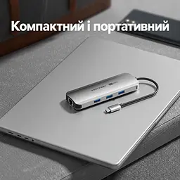 Док-станція USB-C хаб Vention 8-в-1 HDMI до 4K 60 Гц 3 USB 3.0 для даних до 5 Гбіт/с Gigabit Ethernet RJ45 до 1000 Мбіт/с SD/TF читання або запис лише однієї карти за раз вхід PD для зовнішнього живлення й наскрізного заряджання хоста до 100 Вт потрібні блок живлення USB-C PD на вході PD та підтримка PD хостом HDMI потребує USB-C хоста з DP Alt Mode сумісність із Thunderbolt 3/4 вбудований кабель USB-C 0,15 м сірий (TQKHB) - мініатюра 12