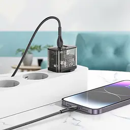Зарядний пристрій Hoco N34 USB/ Type-C QC PD 20W прозоро-чорний + кабель Type-C to Lightning - мініатюра 2