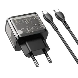 МЗП Hoco N34 Dazzling dual-port PD20W + QC3.0 charger set (Type-C to Type-C) (EU) Transparent Black - мініатюра 3