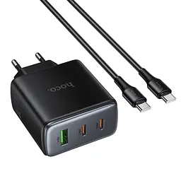 Мережевний зарядний пристрій Hoco C160A Upgrade PD65W+QC3.0 1USB-A/2C + кабель Type-C to Type-C Black - мініатюра 3