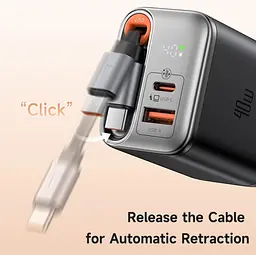 Мережевий зарядний пристрій McDodo 40W 1C+1A Digital Display GaN Charger Built-in 65cm retractable USB-C Cable(EU) Чорний - мініатюра 3