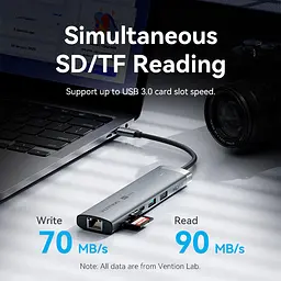Док-станція USB3.2 Type-C --> HDMI 60Hz/USB 3.0x2/RJ45/SD/TF/3.5mm/PD 100W Hub 9-in-1 Vention - мініатюра 6