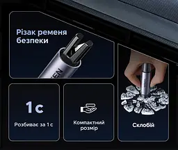 Автомобільний пружинний склобій із різаком ременя безпеки UGREEN CarSafe LP821 рятувальний молоток для загартованого скла працює під водою із тримачем для фіксації в автомобілі із тестовим склом для перевірки механізму сіро-фіолетовий із чорними деталями та прозорими торцевими кришками (35347) - мініатюра 8