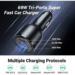 Автомобільний зарядний пристрій Ugreen CD239 2xUSB Type-C PD + USB-A Car Charger 69W Max чорний - мініатюра 4