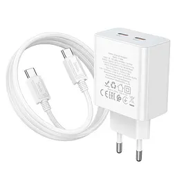 Адаптер мережевий HOCO Type-C to Type-C Cable Leader dual port(2C) charger C108A білий набір для заряджання - мініатюра 7