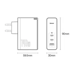 Адаптер - блок на 3 порти - зарядне Baseus Gan5 Pro Fast Charger 140W (CCGP100202) + кабель C to C - мініатюра 7