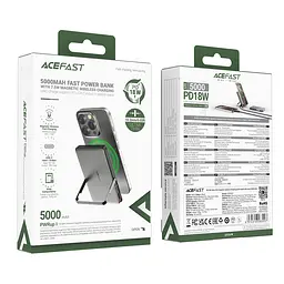Зовнішній акумулятор Acefast M16-5000 PD18W ultra-thin magnetic wireless charging power bank with stand Black (6974316283997) - мініатюра 2