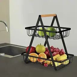 Настільний двоярусний кошик - фруктівниця з дерев'яною ручкою Double Fruit Basket · Розбірний металевий кошик для фруктів - мініатюра 2