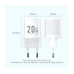 Зарядний пристрій Vention 1xUSB-C PD20W GaN + cable USB-C to USB-C white (TZ-FEPW0-EU-01) - мініатюра 3