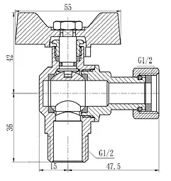 Кран кульовий Thermo Alliance Forte 1/2" ВЗ кутовий, PN40, з накидною гайкою, метелик SF224W15 - мініатюра 4