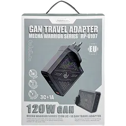 Зарядний адаптер Remax Mecha Warrior 1A+3C RP-U107 швидка зарядка GaN 120W 3xType-C + 1xUSB-A Чорний - мініатюра 6