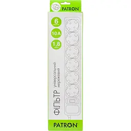 Мережевий фільтр Patron Patron, 6 розеток, 1.8 м, White, 10А, до 2.2 кВт, виключатель, заземление, 3x1 мм² (SP-1062W) (EXT-PN-SP-1062W) - мініатюра 2