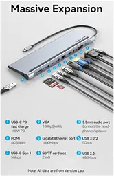 Usb-хаб Vention Multi-function Usb-C to HDMI / VGA / Usb-C Gen 1 / Usb 3.0x2 / Usb 2. 0 / RJ45 / SD / TF / TRRS 3. 5mm / PD Docking Station 0.25m - мініатюра 2