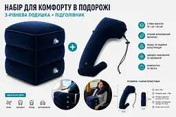 Набір для подорожей 3-рівнева надувна подушка для ніг + підголівник для шиї флокований темно-синій - мініатюра 2
