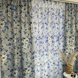 Льняні штори сірого кольору з блакитними квітами 150х270 з тюлистом батистовим 400х270 на тасьме ALBO pbe0052609