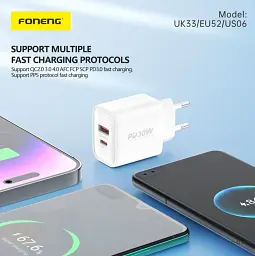 Мережевий зарядний пристрій Foneng EU52-CH PD 30W (1xUSB, 1xType-C) White - мініатюра 3
