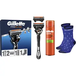 Подарунковий набір Gillette Fusion 5: станок для гоління чоловічий Proglide Flexball з 2 змінними картриджами + гель для гоління для чутливої шкіри 200 мл + шкарпетки