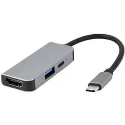 Хаб Usb Cablexpert 3-in-1, Grey, Type-C 3.1 - 1xType-C (87 Вт) / 1xUsb 3.1 / HDMI 4K, кабель 12 см, алюмінієвий корпус