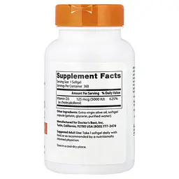 Вітамін D Vitamin D3 125 mcg 5000 IU 360 капсул Doctor's Best vit0006413 - мініатюра 2