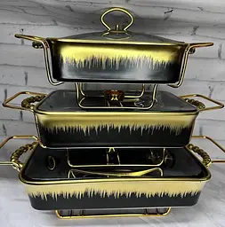 Набір з 3-х мармітів керамічних прямокутних Kitchen з кришками із скла Чорно Золотий