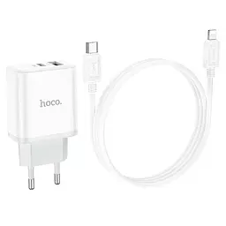 Мережевий адаптер живлення Hoco C105A 20W Type-C та USB зі швидкою зарядкою та кабелем Type-C to Type-C білий - мініатюра 3