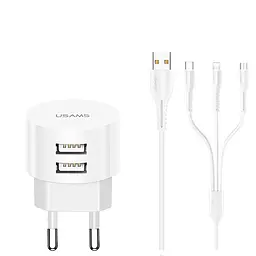 Зарядний пристрій із кабелем 3-в-1 Usams T20 Kit Sing-Tu Dual USB 2 порти