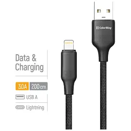Дата кабель USB 2.0 AM to Lightning 2.0m 3A TPE embossed black ColorWay (CW-CBUL102-BK) - мініатюра 5