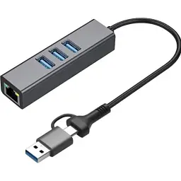 Хаб USB Dynamode DM-AD-GLAN-U3, Grey, Type-C / USB 3.0 - 3xUSB 3.0 / GLan, кабель 13 см, алюмінієвий корпус